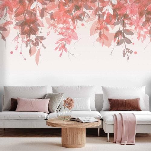 Wall mural Pod roślinnością - wiszące pnącza różowych liści na neutralnym tle 300×210 cm, standard non-woven