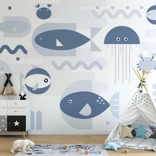 Фотообои Minimalistyczny ocean - geometryczne rybki i kraby w wodzie dla dzieci 400×280 см, флизелин стандарт