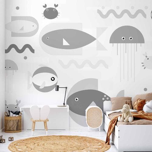 Fototapeta Minimalistyczny szary ocean - geometryczne rybki w wodzie dla dzieci 300×210 cm, flizelina standard