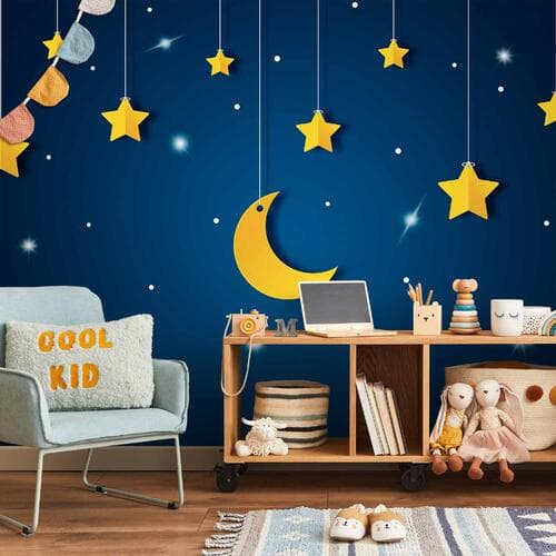 Fototapeta Nieboskłon - pejzaż nieba nocą z gwiazdami i księżycem dla dzieci 300×210 cm, flizelina standard