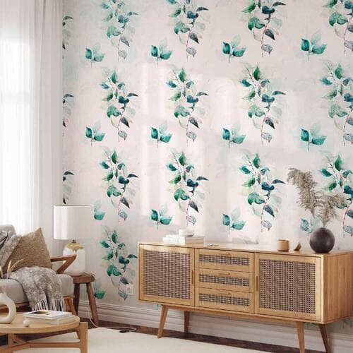 Wall mural Miętowa natura - deseń w jednolity motyw roślinny z zielonymi liśćmi 100×70 cm, standard non-woven