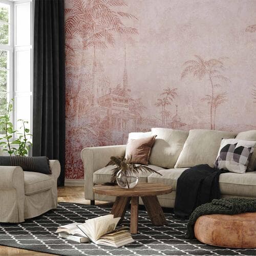 Wall mural Krajobraz ze świątynią - rycina indyjskiej architektury z palmami 450×315 cm, standard non-woven