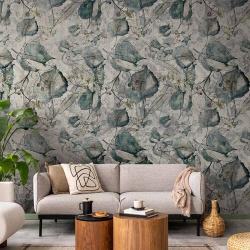 Wall mural Jesienne pamiątki - chłodny szary deseń z roślinnym motywem z liśćmi 100×70 cm, standard non-woven