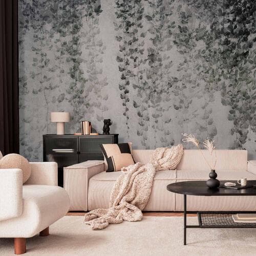 Wall mural Oaza spokoju - pejzaż wiszących pnącz czarnych liści na szarym tle 100×70 cm, standard non-woven