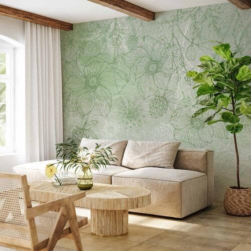 Fototapete Kwiecista łąka - natura z polnymi kwiatami lineart na zielonym tle 300×210 cm, Vlies Standard