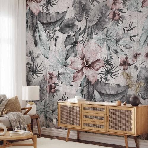 Fototapeta Natura w stylu retro - pejzaż z liśćmi i kwiatami w szarych tonach 250×175 cm, flizelina standard