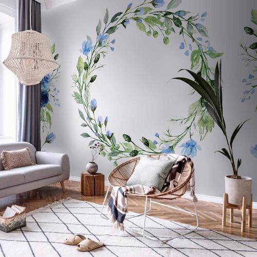 Wall mural Romantyczny wieniec - motyw roślinny z niebieskimi kwiatami i liśćmi 100×70 cm, standard non-woven