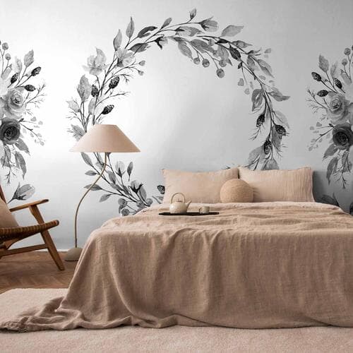 Wall mural Romantyczny wieniec - szary motyw roślinny z liśćmi z deseniem w róże 100×70 cm, standard non-woven