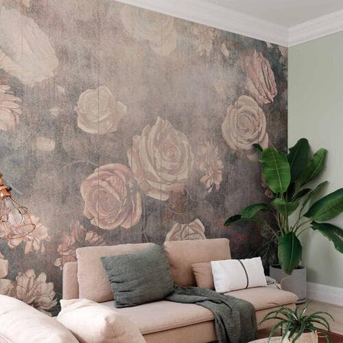 Fototapeta Mglista natura - pomarańczowe kwiaty na tle o niejednolitej teksturze 250×175 cm, flizelina standard