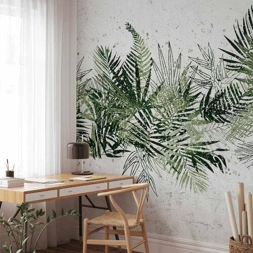 Wall mural Dżungla i zielony pióropusz - duże liście tropikalne na białym tle 100×70 cm, standard non-woven