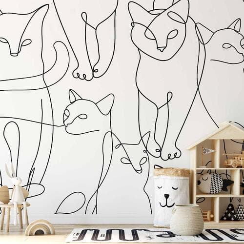 Fototapeta Koci lineart - minimalistyczne szkice czarnych kotów na białym tle 392×280 cm, materiał samoprzylepny