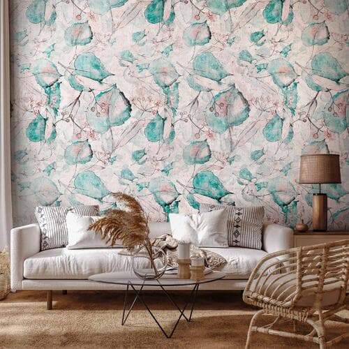 Wall mural Jesienne pamiątki - deseń z roślinnym motywem z turkusowymi liśćmi 98×70 cm, self-adhesive material