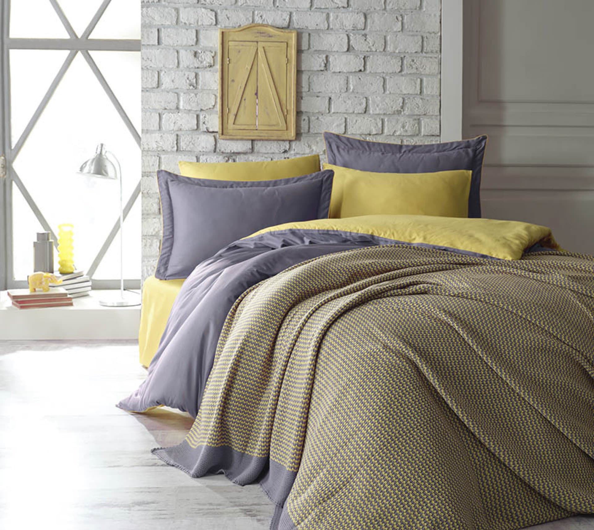 Baumwollsatin-Bettwäsche-Set 200x220 mit Decke TUANA YELLOW 7 Teile