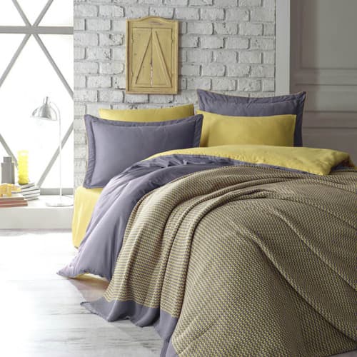 Komplet pościeli 200x220 z kocem satyna bawełniana TUANA YELLOW 7 części
