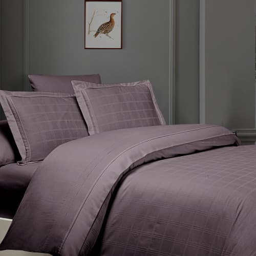 Pościel satynowa 160x220 w kratę ROYCE LILAC — zestaw rodzinny