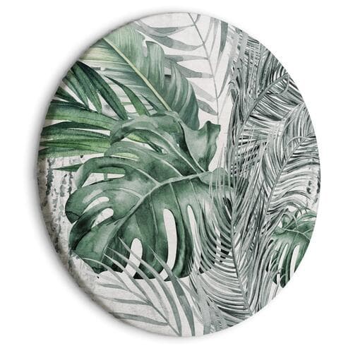 Obraz okrągły Egzotyczna flora - Rozmaite gatunki tropikalnej roślinności w odcieniach seledynu i zieleni szałwiowej 80×80 cm