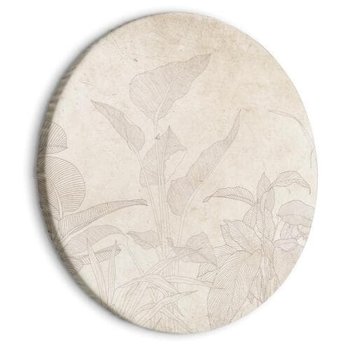 Round canvas print Stonowana egzotyczna roślinność - Delikatne kontury tropikalnych krzewów na beżowo-piaskowym tle 80×80 cm