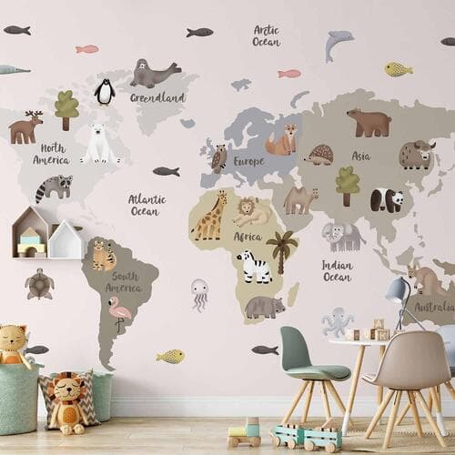 Wall mural Pastelowa mapa - zwierzęta i kontynenty do pokoju dziecięcego 100×70 cm, standard non-woven