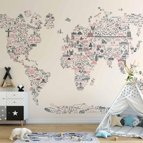 Фотообои Mapa z ikon - rysunkowe przedstawienie świata w pastelowych kolorach 150×105 см, флизелин премиум