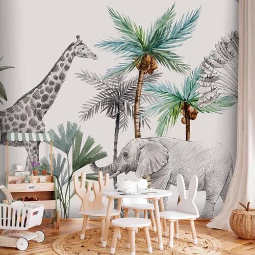 Фотообои Zwierzęta dżungla tapeta do pokoju dziecięcego w rysunkowym stylu 150×105 см, флизелин премиум