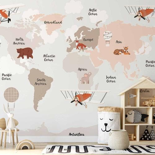 Fototapete Mapa w odcieniach beżu - kontynenty ze zwierzętami 250×175 cm, Vlies Standard
