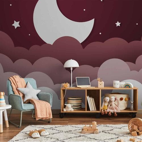 Fototapete Księżycowy sen - chmury na bordowym niebie z gwiazdami dla dzieci 343×256 cm, selbstklebendes Material