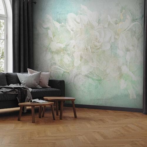 Fototapeta Rozkwitając wśród pasteli - abstrakcja z motywem roślinnym i deseniami 350×256 cm, flizelina standard
