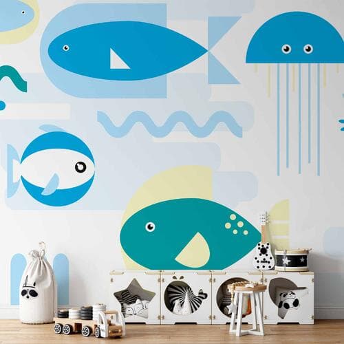 Fototapeta Zwierzęta w morzu - geometryczne niebieskie rybki w wodzie dla dzieci 200×140 cm, materiał wodoodporny