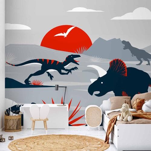 Fototapeta Ostatnie dinozaury z czerwienią - abstrakcyjny krajobraz do pokoju 100×70 cm, materiał wodoodporny