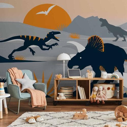 Fototapeta Ostatnie dinozaury z pomarańczowym - abstrakcyjny krajobraz do pokoju 100×70 cm, materiał wodoodporny