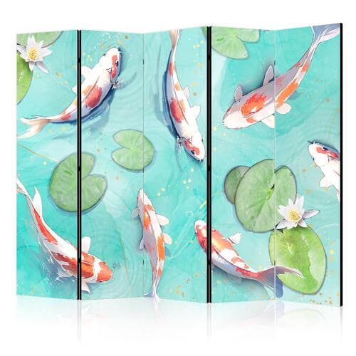Parawan Zjawiskowe rybki - Biało-pomarańczowe rybki Koi pływające w krystalicznie przejrzystej wodzie z nenufarami 225×172 cm, akustyczny
