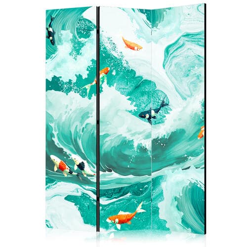 Parawan Rybki Koi wśród fal - Japońskie ryby pośród fal w odcieniach turkusu i bieli 135×172 cm, akustyczny