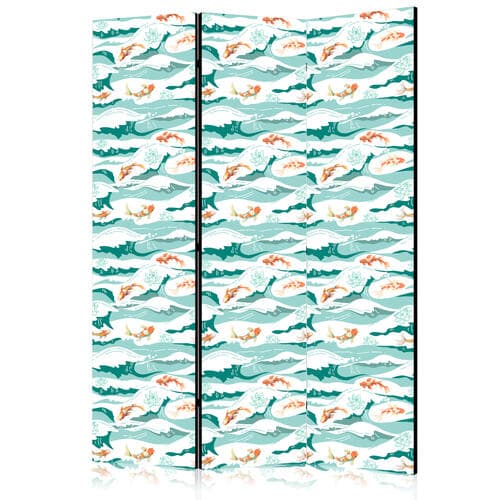 Parawan Ryby wyskakujące ponad fale - Orientalne ryby i lilie wodne wśród wysokich fal w barwach morskiej zieleni 135×172 cm, akustyczny