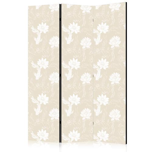 Parawan Ryby i lilie wodne - Jasne orientalne ryby pływające pośród kwiatów wodnych na delikatnym piaskowo-beżowym tle 135×172 cm, akustyczny