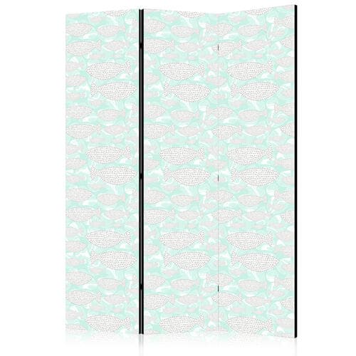Parawan Minimalistyczne ryby - Rybki z szarych kropek na tle krystalicznej tafli wody w kolorystyce miętowej zieleni 135×172 cm, akustyczny