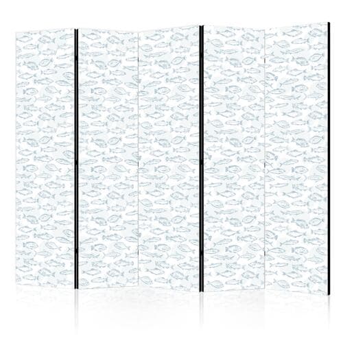 Parawan Niebieskie ryby - Niebieskie kontury rozmaitych gatunków ryb na biało-błękitnym tle 225×172 cm, akustyczny