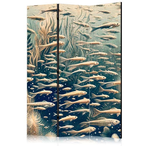 Parawan Życie w oceanie - Podwodny świat ryb i roślinności w kolorystyce beżowej i granatowej w stylu retro 135×172 cm, akustyczny