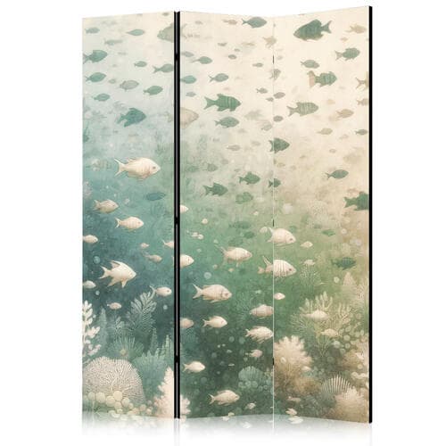Parawan Ryby i różnorodna roślinność - Zgrupowanie ryb w pastelowych stłumionych barwach wśród oceanicznej roślinności 135×172 cm, akustyczny