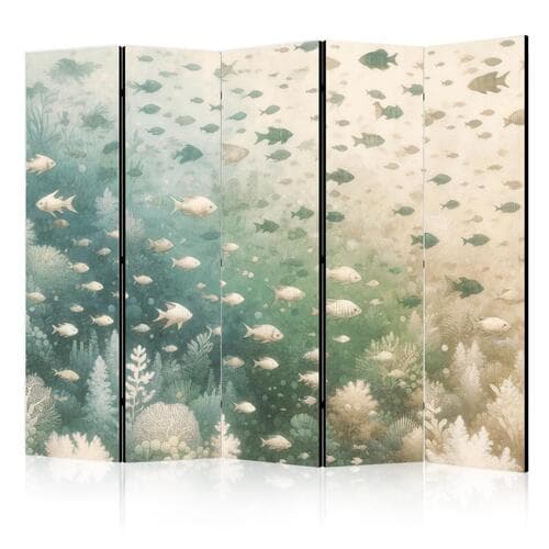 Parawan Ryby i różnorodna roślinność - Zgrupowanie ryb w pastelowych stłumionych barwach wśród oceanicznej roślinności 225×172 cm, akustyczny