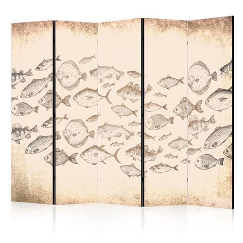 Parawan Szkic ławicy ryb - Szkice różnych gatunków ryb płynących w ławicy na beżowym tle w stylu vintage 225×172 cm, akustyczny