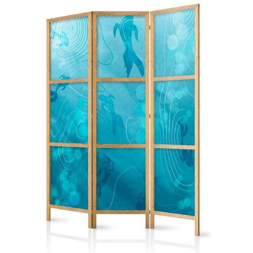 Parawan japoński Rybki Koi pod taflą wody - Gromada japońskich ryb w głębinach stawu w odcieniach granatu i błękitu 135×172 cm, japoński
