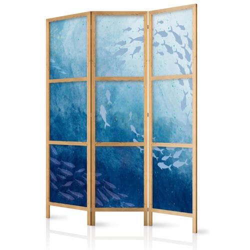 Parawan japoński Ławice ryb - Świetliste gromady ryb w niebieskiej kolorystyce pośród morskich głębin 135×172 cm, japoński