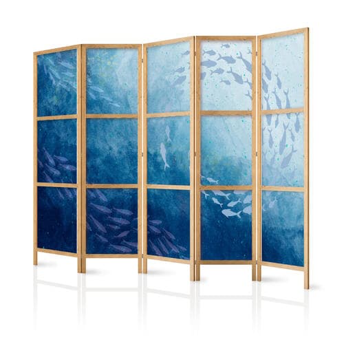 Parawan japoński Ławice ryb - Świetliste gromady ryb w niebieskiej kolorystyce pośród morskich głębin 225×172 cm, japoński