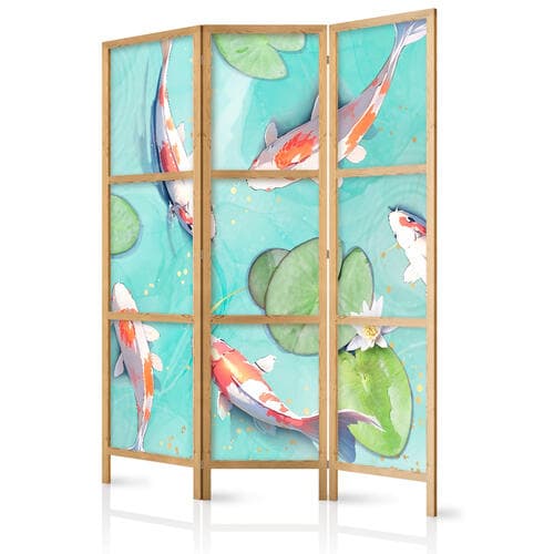 Parawan japoński Zjawiskowe rybki - Biało-pomarańczowe rybki Koi pływające w krystalicznie przejrzystej wodzie z nenufarami 135×172 cm, japoński