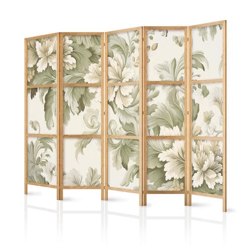 Parawan japoński Retro vintage kwiaty w delikatnych kolorach kremowych i zielonych 225×172 cm, japoński