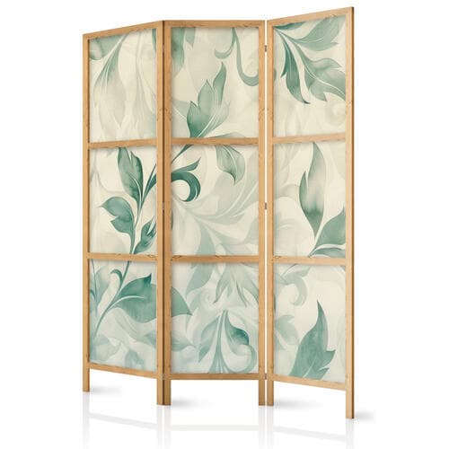 Parawan japoński Akwarelowy motyw botaniczny - delikatne zielono-beżowe listki 135×172 cm, japoński