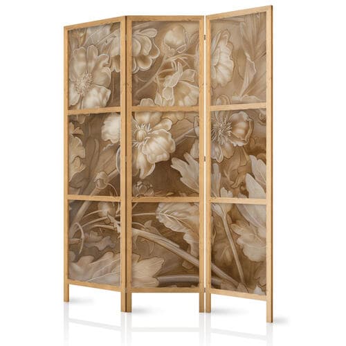 Parawan japoński Ornamenty kwiatowe rzeźbione w delikatnych odcieniach sepii i brązu 135×172 cm, japoński
