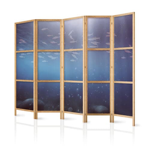 Japanischer Paravent Ławica małych rybek - Rozświetlona oceaniczna toń w barwach granatu. fioletu i szarości z ławicą drobnych rybek 225×172 cm, japanisch
