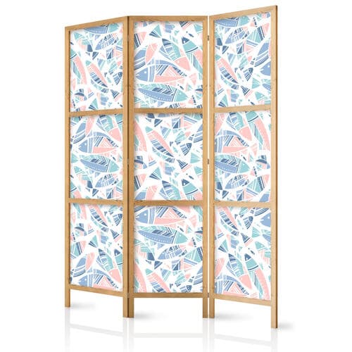 Parawan japoński Ryby w minimalistycznym stylu - Rybki w azteckim stylu w pastelowych tonacjach kolorystycznych na białym tle 135×172 cm, japoński