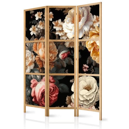 Parawan japoński Florystyka w stylu vintage - ogrom kolorowych kwiatów na czarnym tle 135×172 cm, japoński